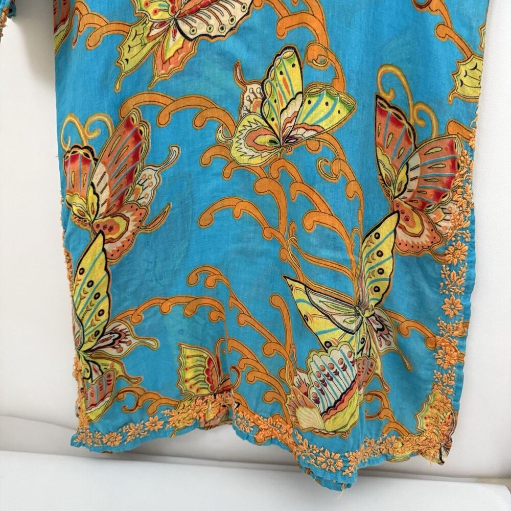 Amaya Embroidered Tunic Women's Small 100% Cotton Blue Floral Butterfly Cover Up - Picture 6 of 9
